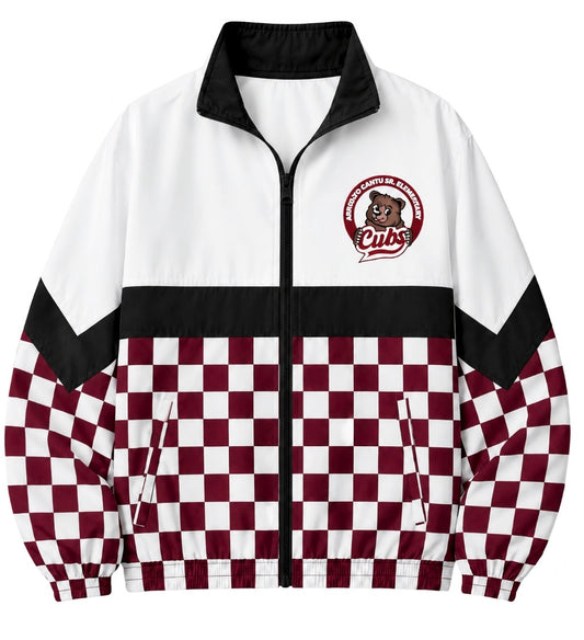 Checkered Windbreaker Jacket-Burgandy, White & Black