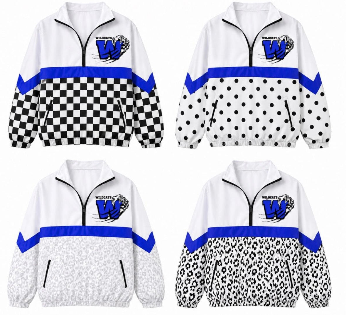 Cheetah, Checkered, Polka dot Windbreaker Jacket-White, Black & Blue