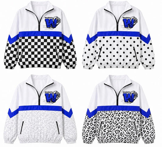 Cheetah, Checkered, Polka dot Windbreaker Jacket-White, Black & Blue