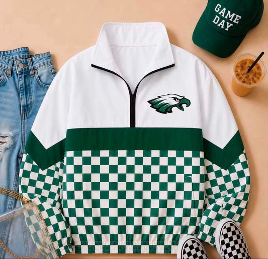 Checkered Windbreaker Jacket-Green & White